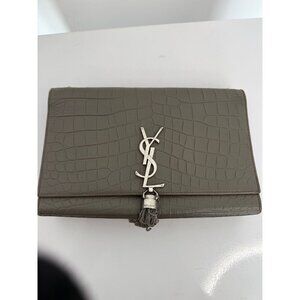 Yves Saint Laurent Kate Crocodile Embossed Leather Tassel Shoulder Bag Gray